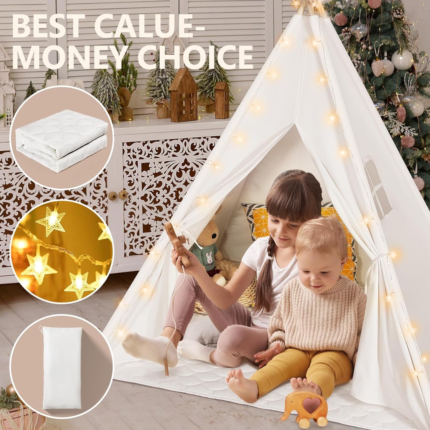 Teepee Tent for Kids with Carry Case, Natural Cotton Canvas Teepee Play Tent, Toys for Girls/Boys Indoor & Outdoor Playing