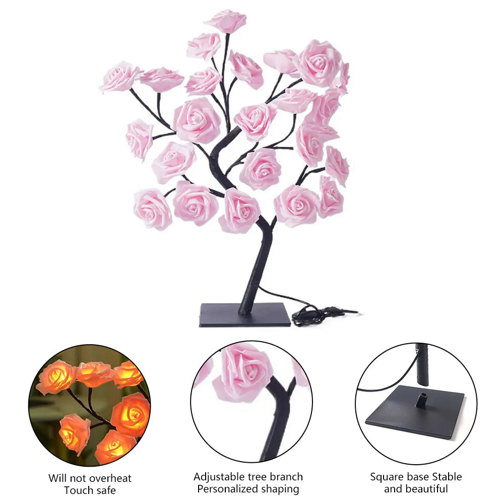 24 LED Rose Flower Tree Lights USB Table Lamp Home Decoration LED Table Lights Parties Xmas Christmas Wedding Bedroom Decor