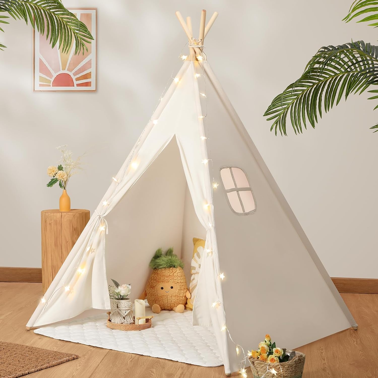 Teepee Tent for Kids with Carry Case, Natural Cotton Canvas Teepee Play Tent, Toys for Girls/Boys Indoor & Outdoor Playing