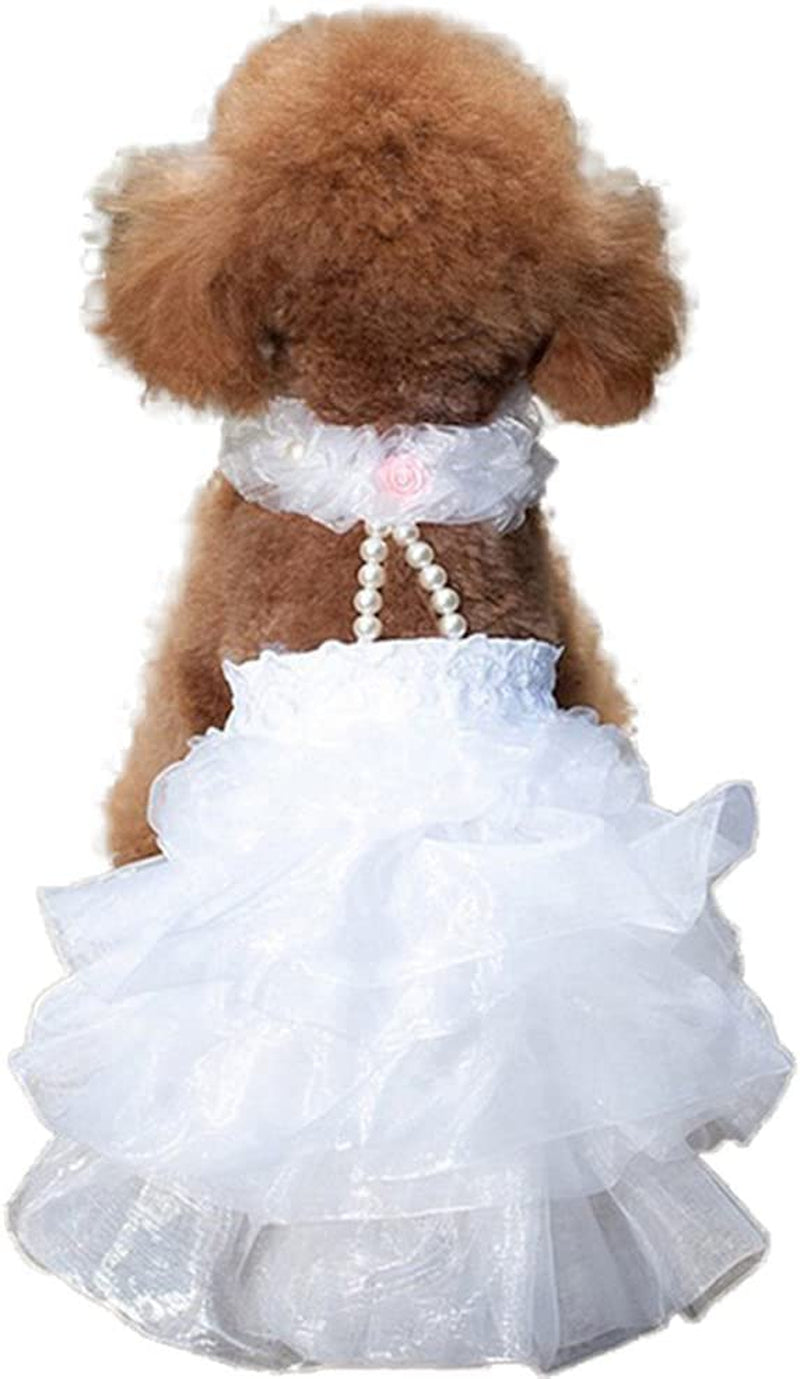 Dog Wedding Dress Bride Outfit with Pearl Necklace and Rose Pet Princess Formal Apparel for Puppy Cat (Large)