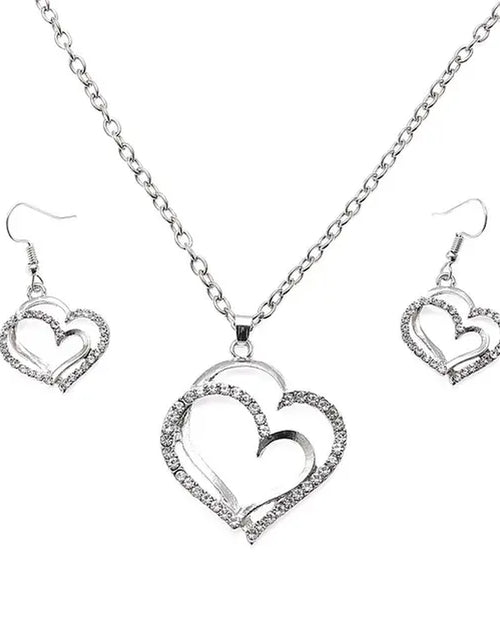 Load image into Gallery viewer, 3 Pcs Set Heart Shaped Jewelry Set of Earrings Pendant Necklace for Women Exquisite Fashion Rhinestone Double Heart Jewelry Set
