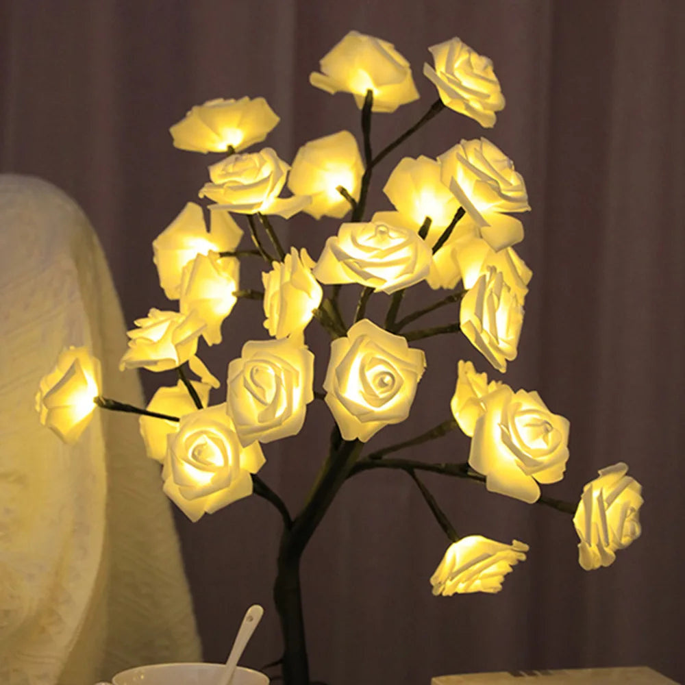 24 LED Rose Flower Tree Lights USB Table Lamp Home Decoration LED Table Lights Parties Xmas Christmas Wedding Bedroom Decor