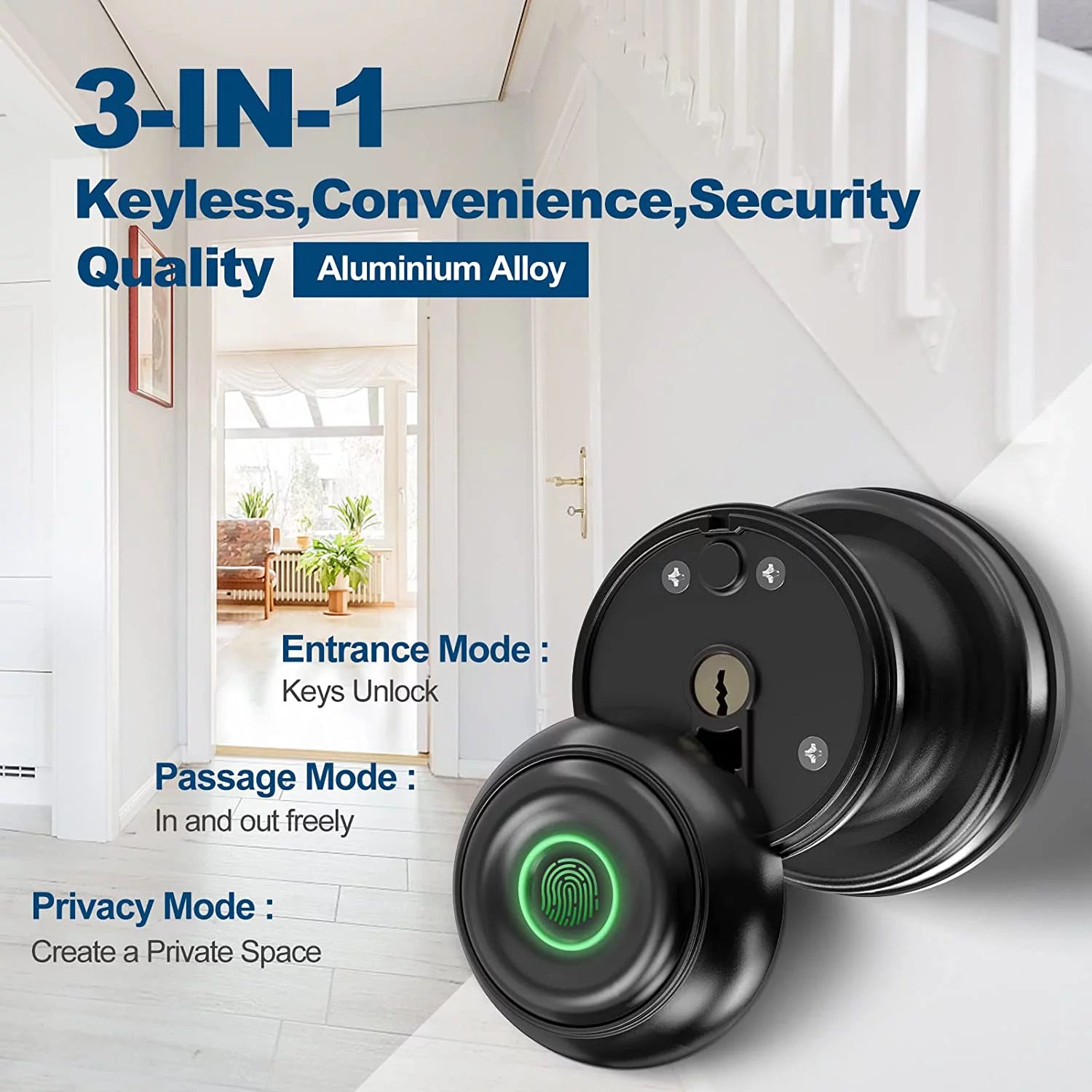 Smart Door Lock, Fingerprint Door Lock Smart Lock Biometric Door Lock Fingerprint Door Knob with App Control, Suitable for Bedrooms,Cloakroom,Apartments Offices,Hotels, Black