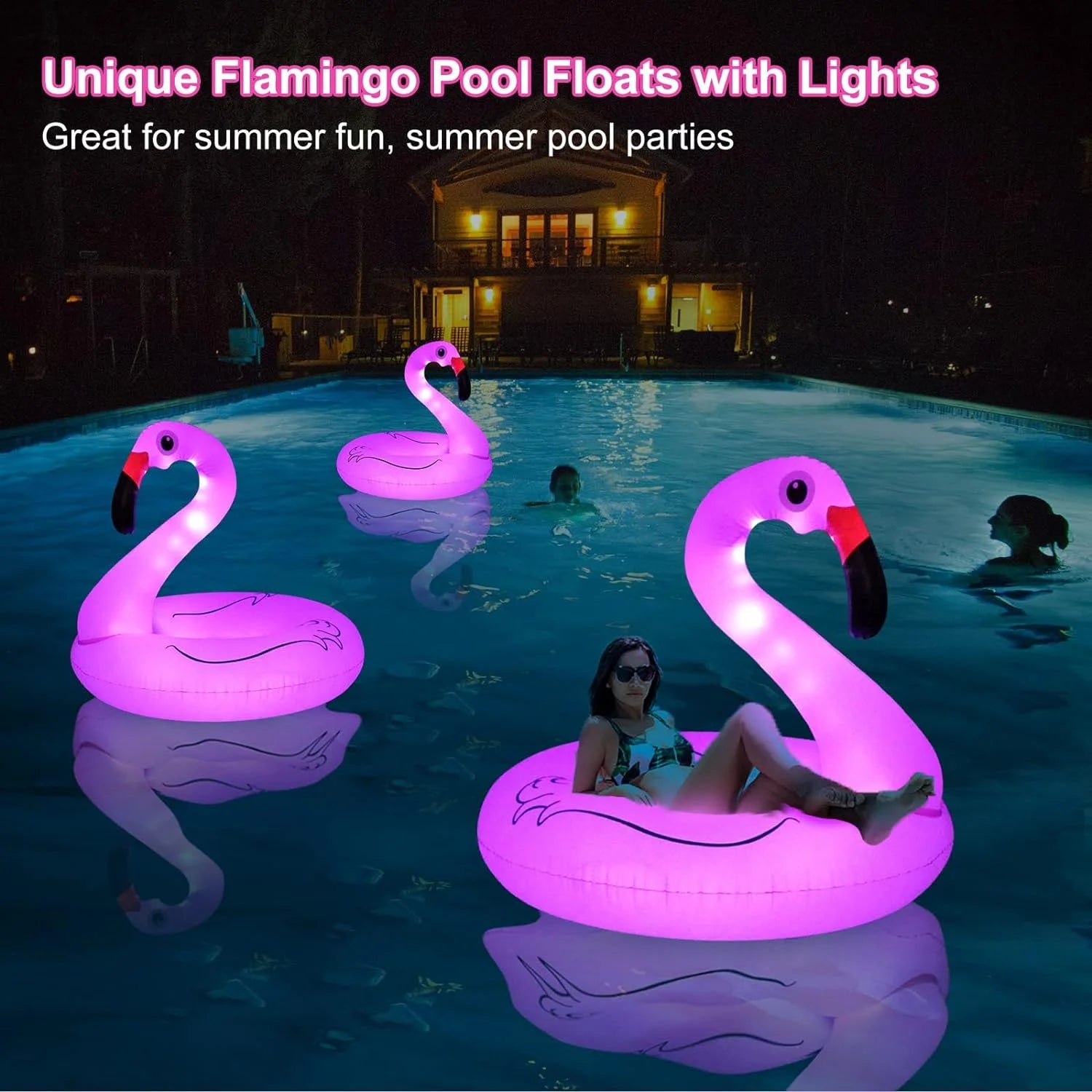 Inflatable Flamingo Pool Float,Flamingo Swimming Pool Tubes with Light,Solar Powered Swimming Pool Rings for Adults Kids