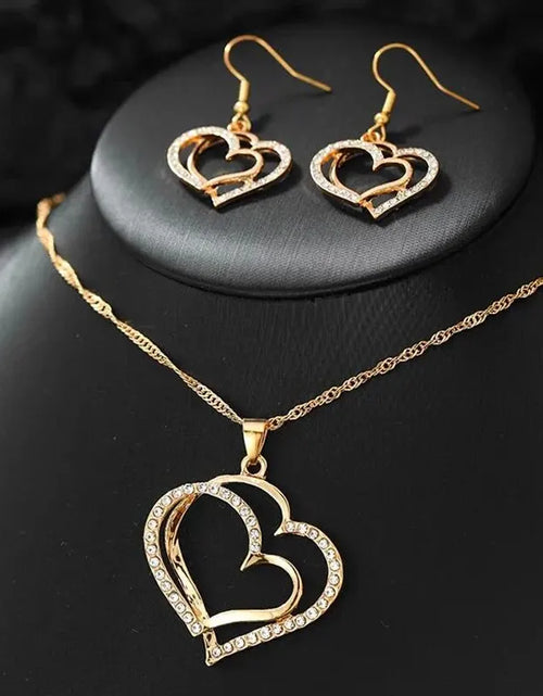 Load image into Gallery viewer, 3 Pcs Set Heart Shaped Jewelry Set of Earrings Pendant Necklace for Women Exquisite Fashion Rhinestone Double Heart Jewelry Set
