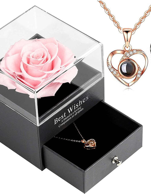 Load image into Gallery viewer, Preserved Real Rose Drawer with Heart Necklace I Love You in 100 Languages Gift Set, Handmade Enchanted Real Rose Flower for Valentines Day Anniversary Birthday Romantic Gifts for Her (Pink)
