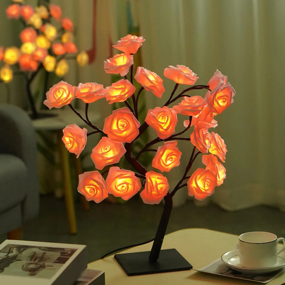 24 LED Rose Flower Tree Lights USB Table Lamp Home Decoration LED Table Lights Parties Xmas Christmas Wedding Bedroom Decor