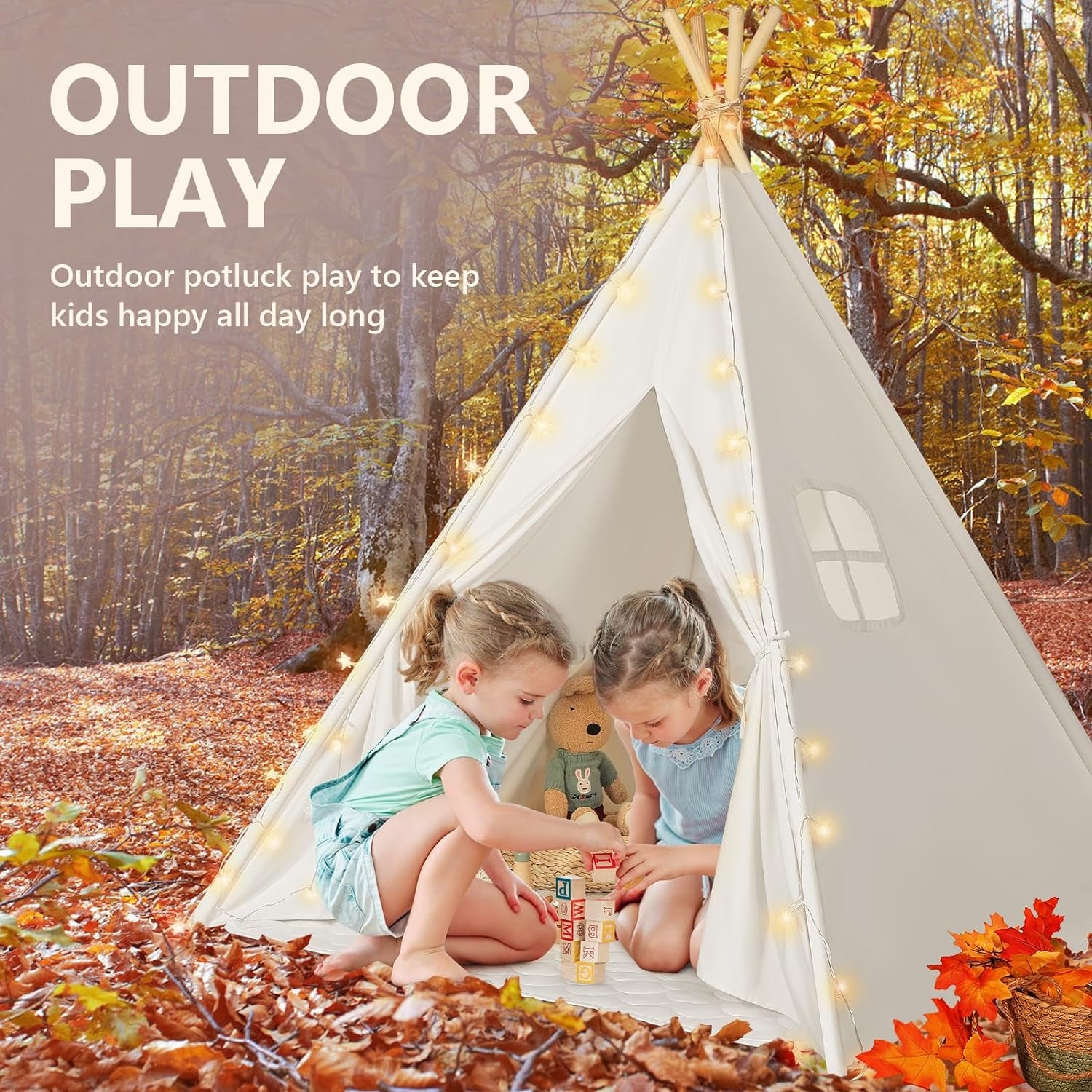 Teepee Tent for Kids with Carry Case, Natural Cotton Canvas Teepee Play Tent, Toys for Girls/Boys Indoor & Outdoor Playing