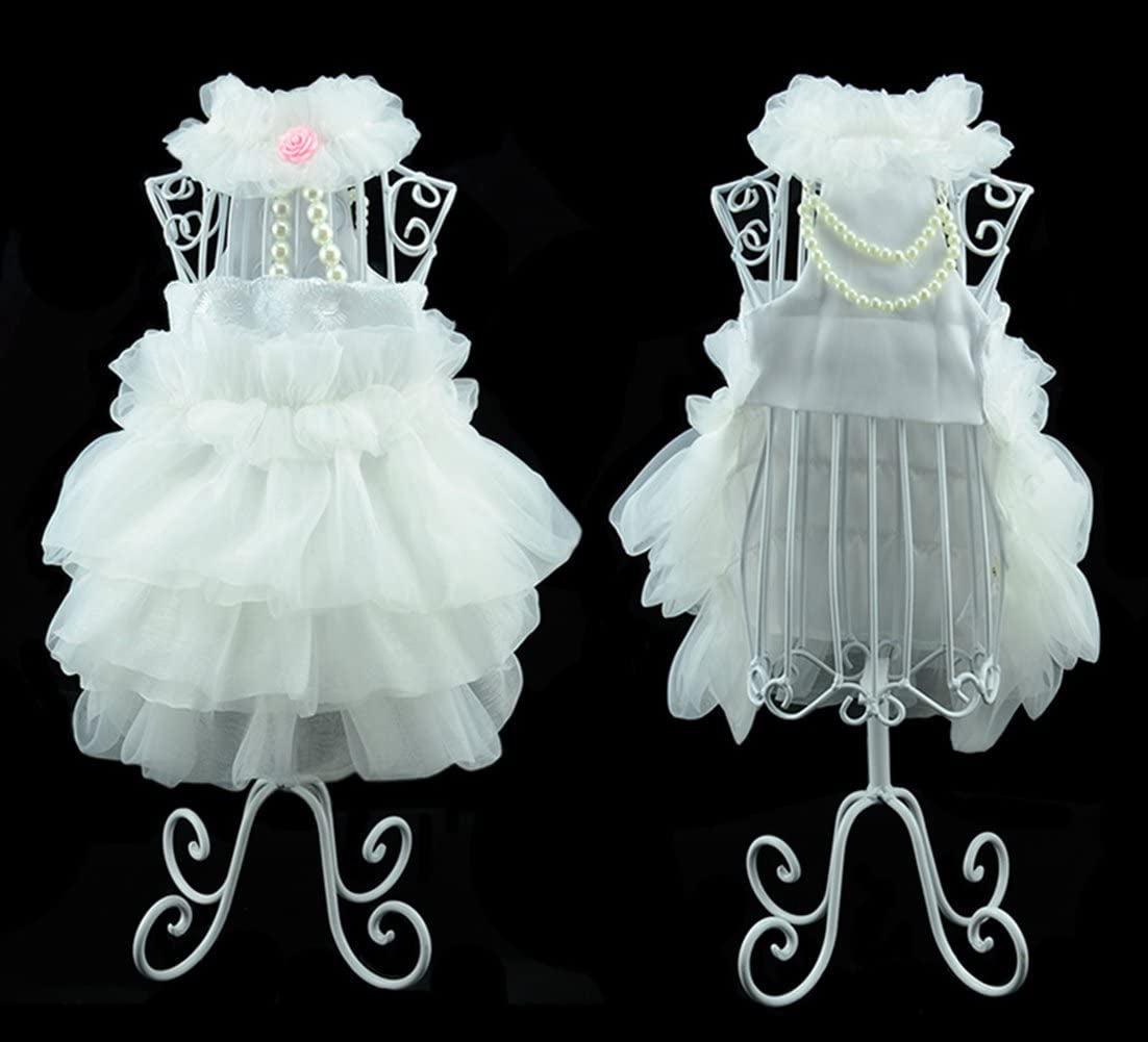 Dog Wedding Dress Bride Outfit with Pearl Necklace and Rose Pet Princess Formal Apparel for Puppy Cat (Large)